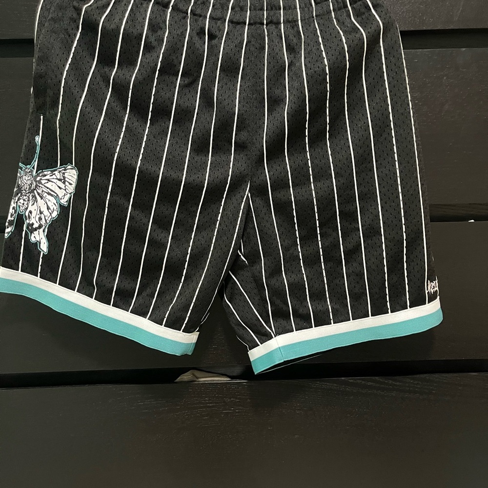 Black Pinstripe Shorts with Butterfly Embroidery